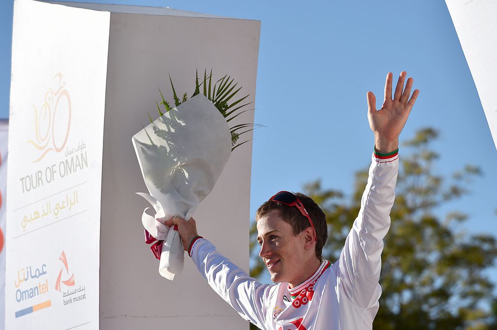 Brendan Canty celebrating the first classification victory of his young career at the Tour of Oman