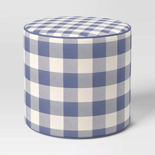 Plaid Round Outdoor Patio Poufs Blue