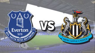 The Everton and Newcastle United club badges on top of a photo of Goodison Park stadium in Liverpool, England