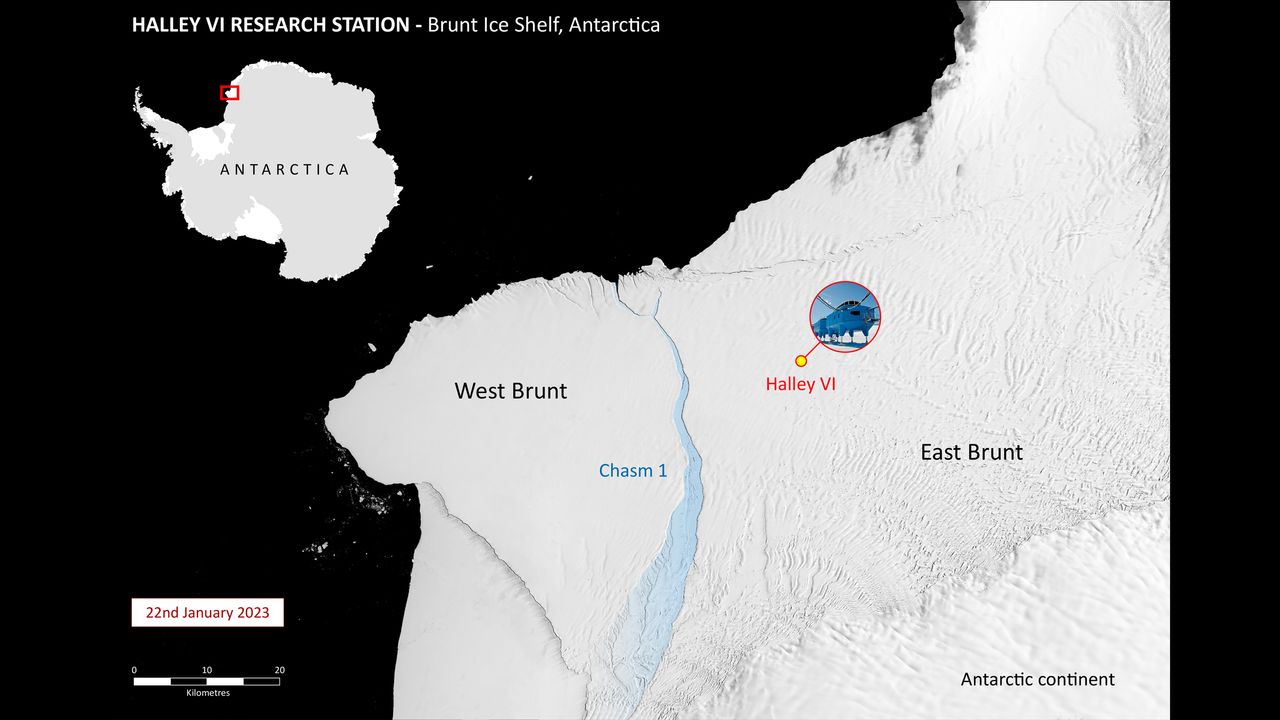 A graphic showing where the new iceberg has calved, west of Chasm-1. The A-74 iceberg calved from the coastline north of the Halley base in February 2021.