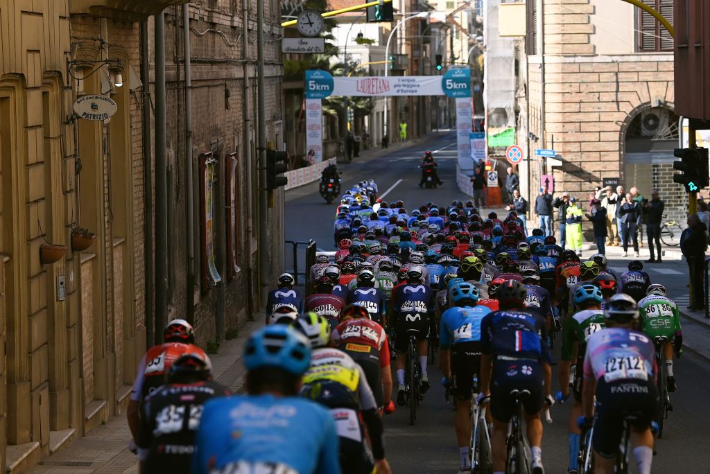 SAN BENEDETTO DEL TRONTO ITALY MARCH 12 A general view of the peloton passing through a San Benedetto del Tronto village during the 58th TirrenoAdriatico 2023 Stage 7 a 154km stage from San Benedetto del Tronto to San Benedetto del Tronto UCIWT TirrenoAdriatico on March 12 2023 in San Benedetto del Tronto Italy Photo by Tim de WaeleGetty Images