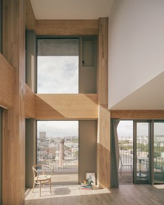 Wood Up wooden architecture wooden tower lattice facade, block construction in the Parisian landscape