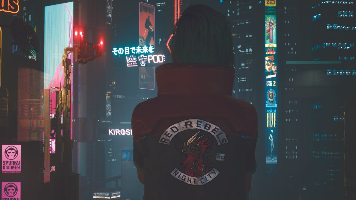 The back of V looking out at large city buildings
