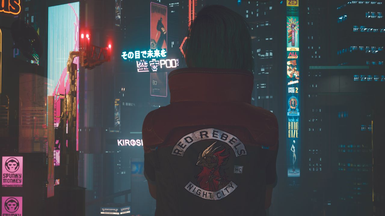 The back of V looking out at large city buildings