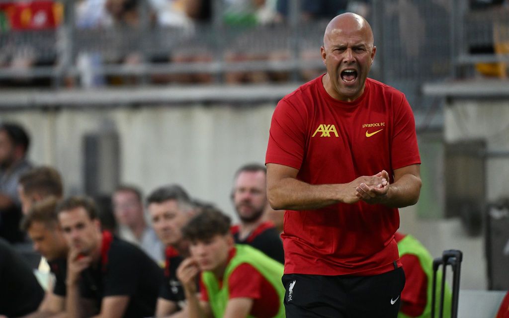 Head coach Arne Slot of Liverpool yells from the side line in the first half during their pre-season friendly against the Real Betis at Acrisure Stadium on July 26, 2024 in Pittsburgh, Pennsylvania. (Photo by Justin Berl/Getty Images)