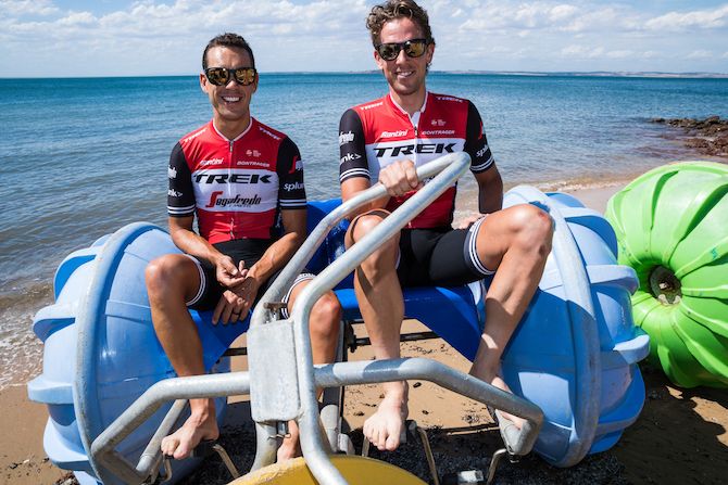 On dry land: Trek-Segafredo's Richie Porte and Koen de Kort on the beach at Cowes on Phillip Island ahead of the 2019 Herald Sun Tour