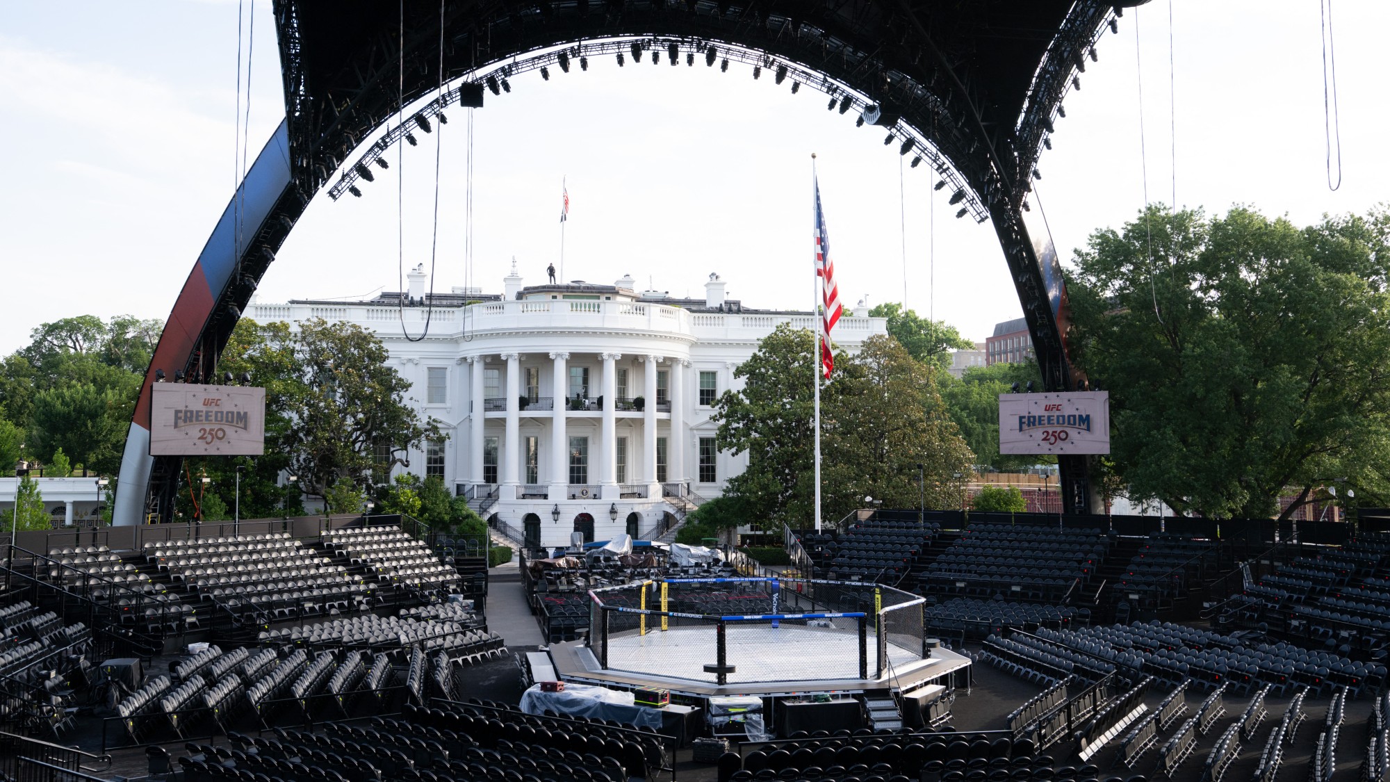 An outdoor arena for the upcoming UFC fight on the South Lawn of the White House to mark the 250th anniversary of the United States
