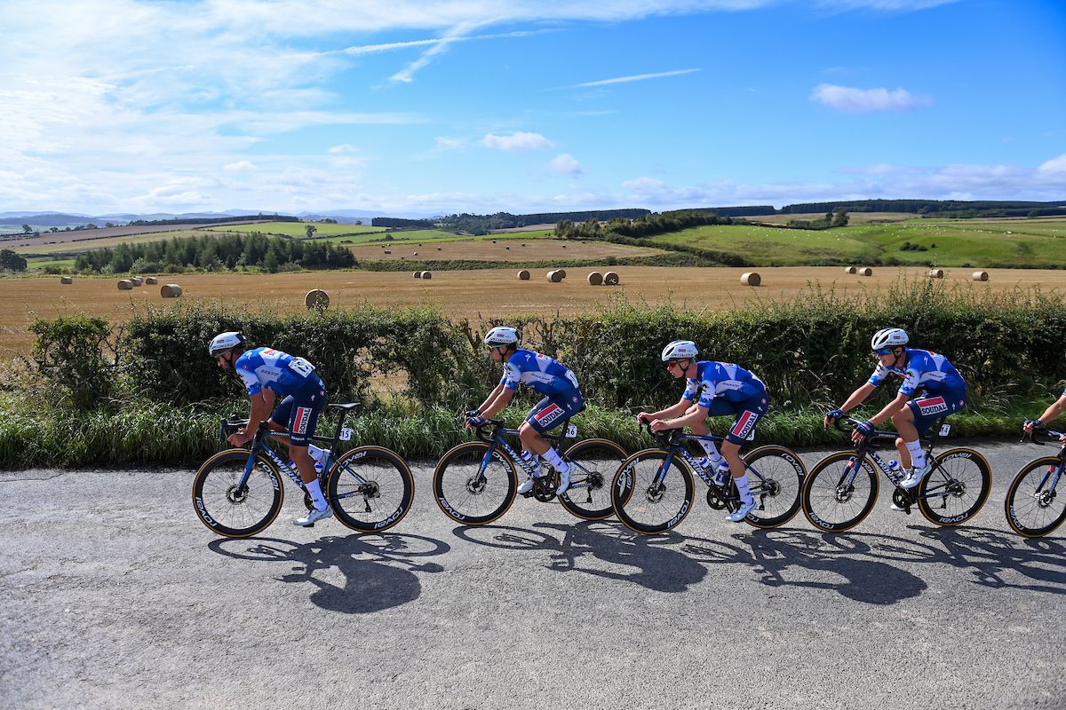 Picture by Will Palmer/SWpix.com - 03/09/2024 - Lloyds Bank Tour of Britain 2024 - Stage 1: The Scottish Borders Stage, Kelso to Kelso, Scotland - The Peloton, Gianni Moscon (Soudal Quick-Step), Martin Svrcek (Soudal Quick-Step), Gil Gelders (Soudal Quick-Step), Julian Alaphilippe (Soudal Quick-Step)