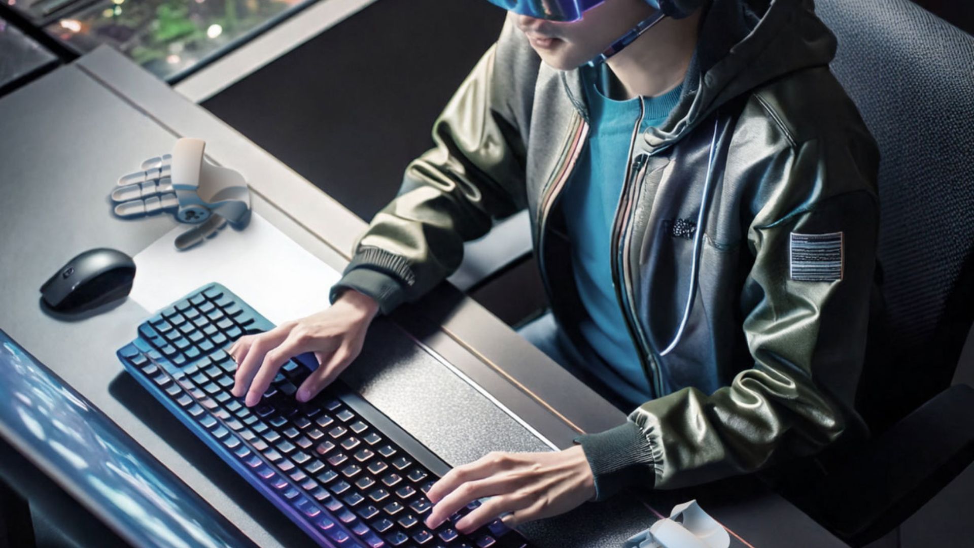 A prototype image of a VR user sitting at a desk with the glove/controller sat on the desk next to him