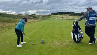 Linn Grant teeing off on the fourth at Dundonald Links