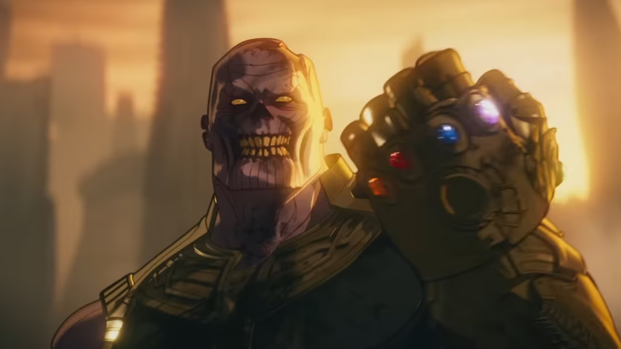 A zombified Thanos holding up the Infinity Gauntlet in What If...? season 1 episode 5