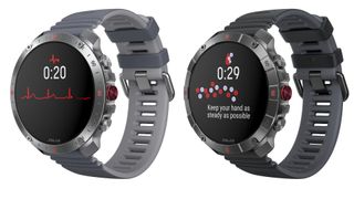 Two Polar Grit X2 Pro watches on white background. One screen shows a red heart beat graph and the time 20 seconds, the other screen shows blue and red circles, a time showing 29 seconds, and the text "keep your hand as steady as possible"