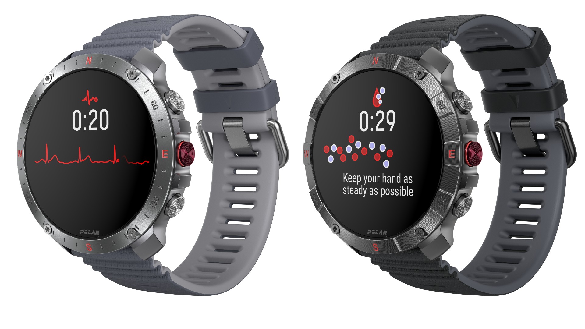 Two Polar Grit X2 Pro watches on white background. One screen shows a red heart beat graph and the time 20 seconds, the other screen shows blue and red circles, a time showing 29 seconds, and the text 