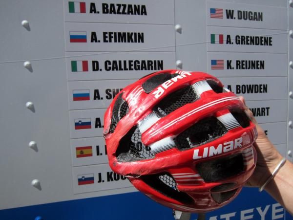 Remember Daniele Callegari's (Team Type 1-sanofi-aventis) horrific crash in the lead-up to stage 2's ascent of Cottonwood Pass? Here's his helmet. Ouch.