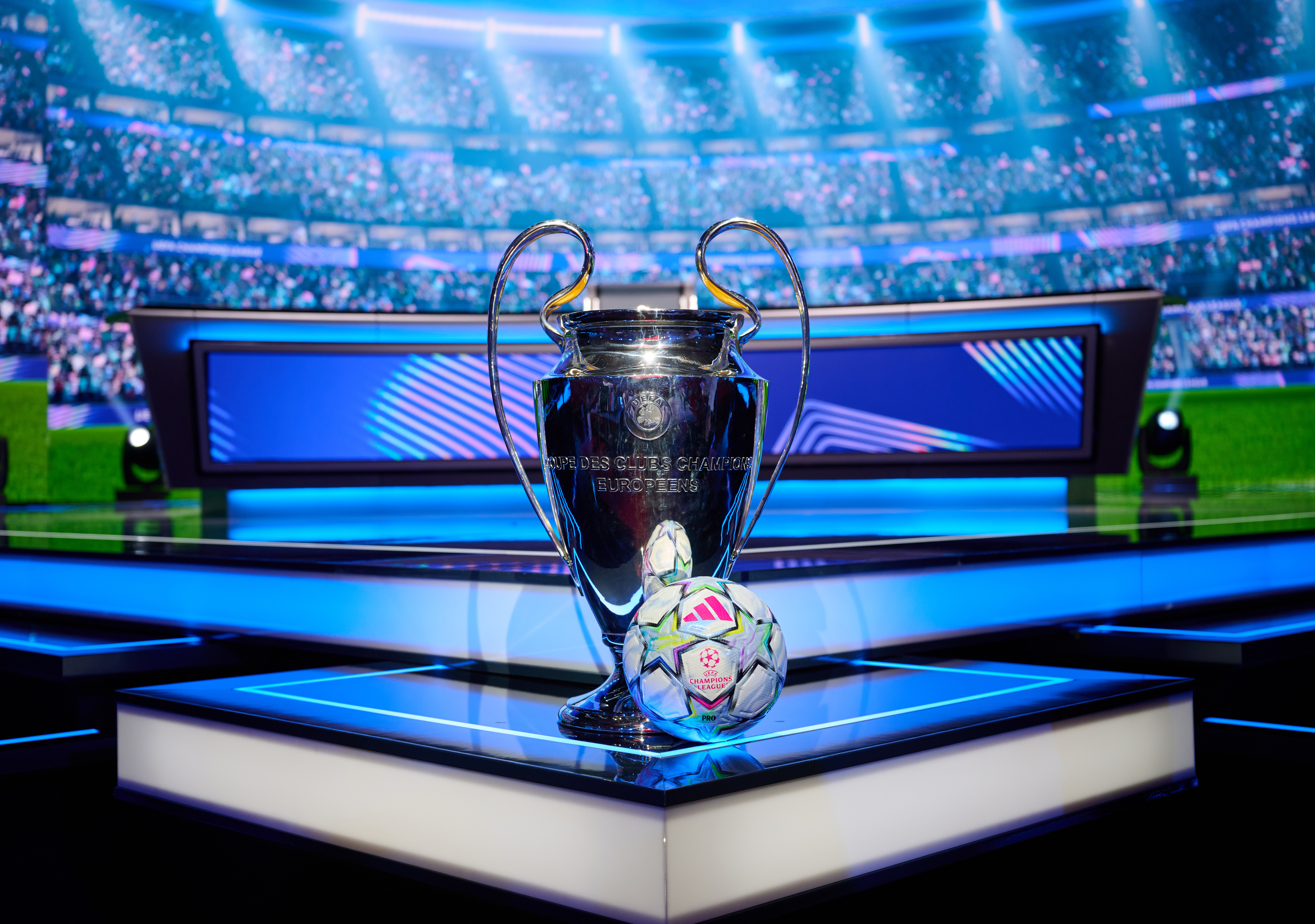 General view of the UEFA Champions League trophy ahead of the draw at Grimaldi Forum on August 27, 2026 in Monaco, Monaco.