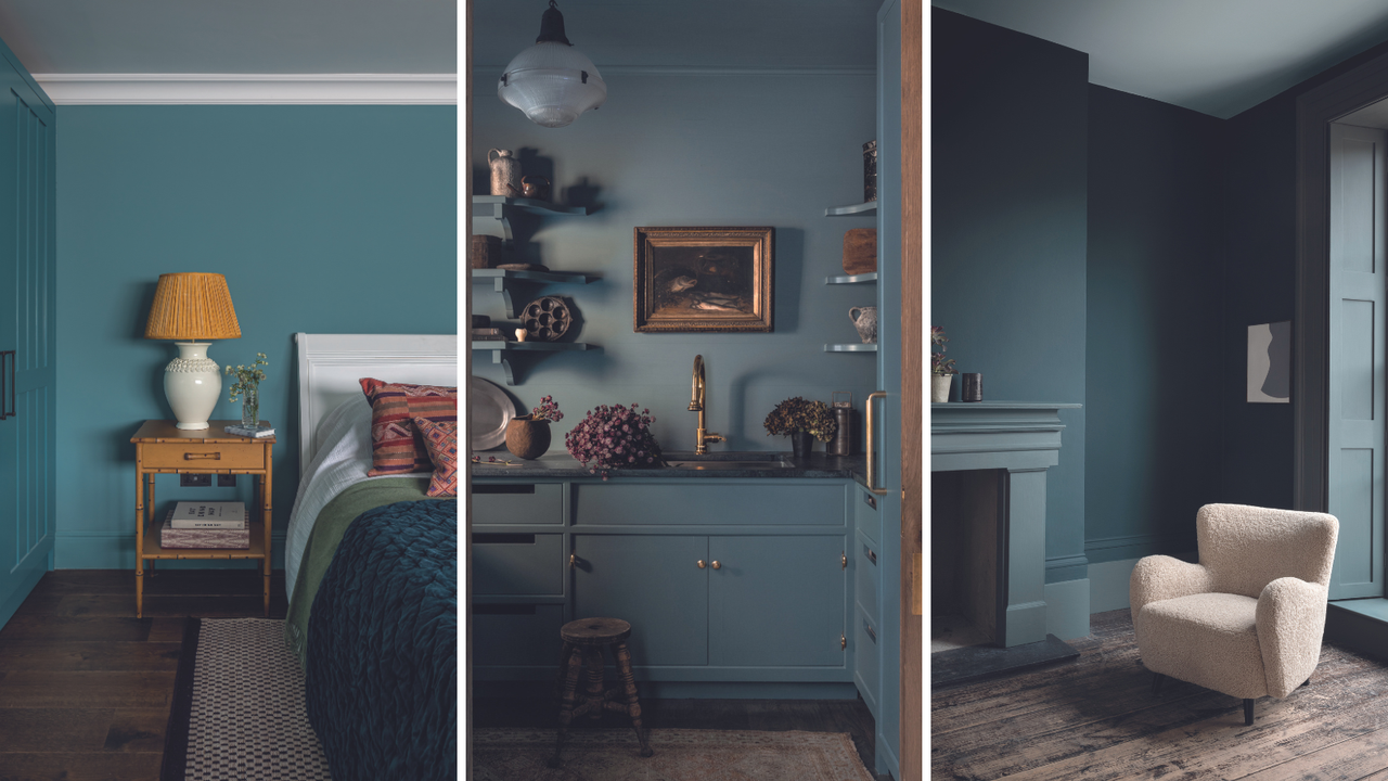 three images compiled of blue interiors including bedroom, kitchen and living room