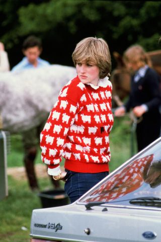 Diana, Princess of Wales (1961 - 1997) wearing 'Black sheep' wool jumper by Warm and Wonderful (Muir & Osborne) to Windsor Polo, June 1981