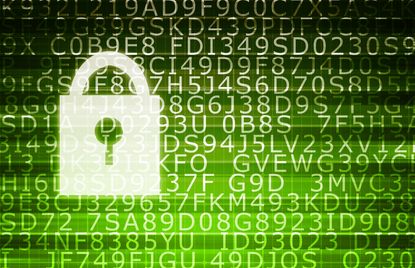 Graphic showing a digital padlock overlaid above information that has been encrypted