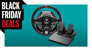 Thrustmaster T128P racing wheel and pedals on turquoise background with Black Friday Deals logo
