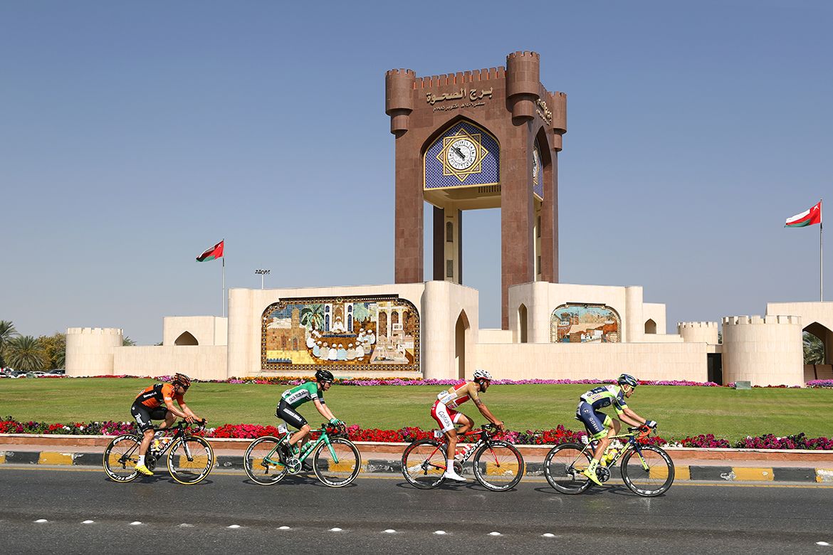 Loic Chetout (Cofidis), Xandro Meurisse (Wanty-Groupe Gobert), Wouter Wippert (Roompot-Nederlandse Loterij) and Nicholas Schultz (Caja Rural-Seguros RGA) on the attack on stage 3 of the Tour of Oman.