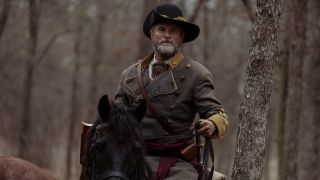 Shea Whigham on a horse in Lawmen.