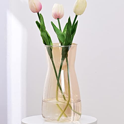 Glass Vases for Flowers, 8 Inch Tall Ins Modern Irised Crystal Clear Glass Vases for Centerpieces Home Desk Decoration, Decorative Glass Table Vase for Birthday Wedding Housewarming Gift,amber