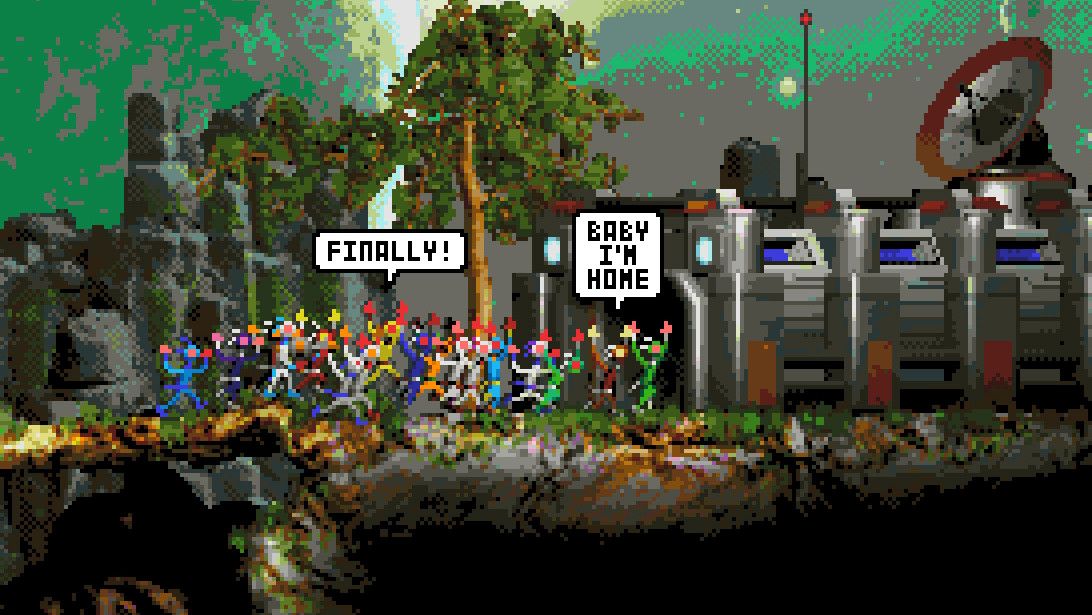 Crowd of little guys going into level clear facility in Moons of Darsalon