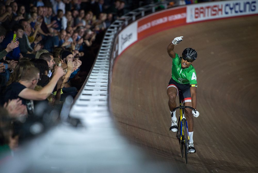 Njisane Philip of Trinidad and Tobago wins the Keirin Sprint in the Six Day London