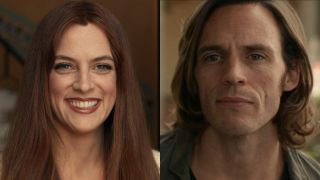 From left to right: Side by side of Riley Keough and Sam Claflin looking at each other at the end of Daisy Jones and The Six
