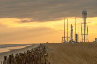An Orbital Sciences Antares rocket is seen on Pad 0A at NASA's Wallops Flight Facility in Virginia in advance of its planned Jan. 8, 2014 launch of a Cygnus cargo ship to the space station.