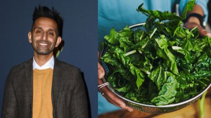 Dr Amir Khan next to woman holding a colander of leafy green vegetables, representing how to shorten a cold with zinc