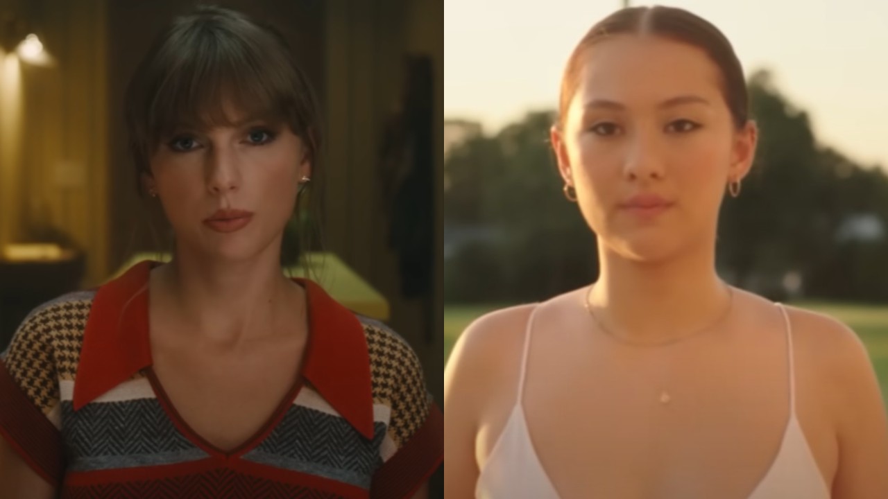 From left to right: Taylor Swift in the "Anti-Hero" video and Lola Tung as Belly in The Summer I Turned Pretty.