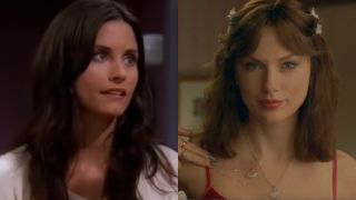 From left to right: Courteney Cox in Friends and Taylor Swift in the Opalite music video. 