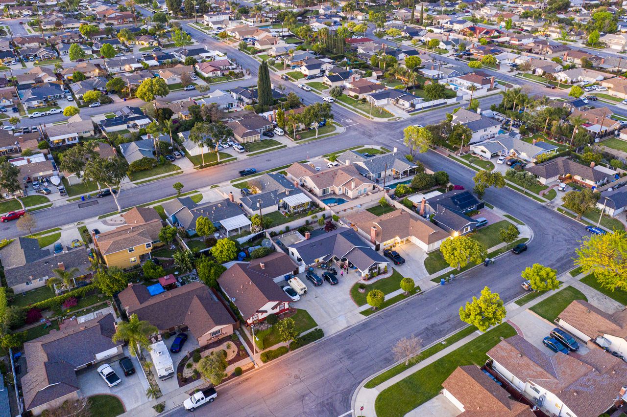 California suburbs at night from a drone point of view