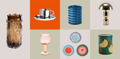 Stainless steel cup, glass vase, bronze table lamp, colorful plates, pink glass, lacquered ice bucket