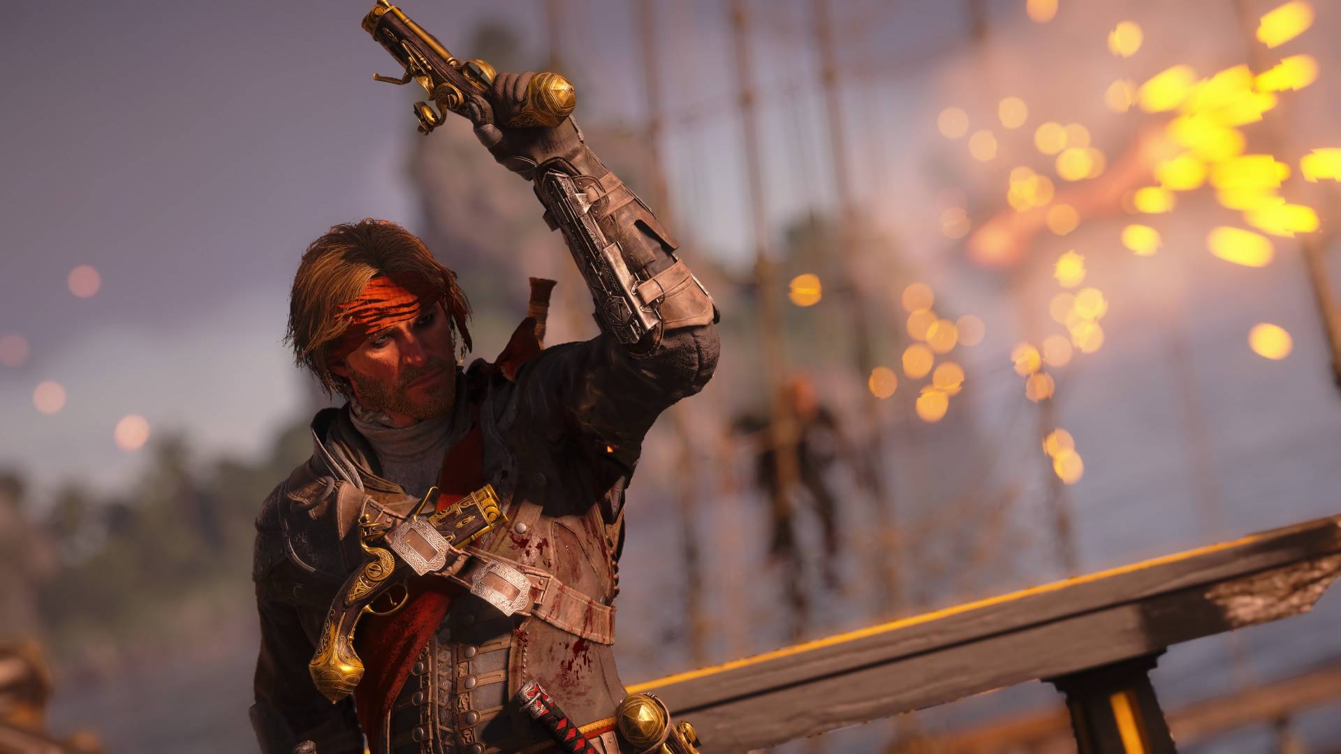 Assassin's Creed Black Flag Resynced Edward Kenway firing pistol on the deck of a ship with blurry sparks flying out ahead of him