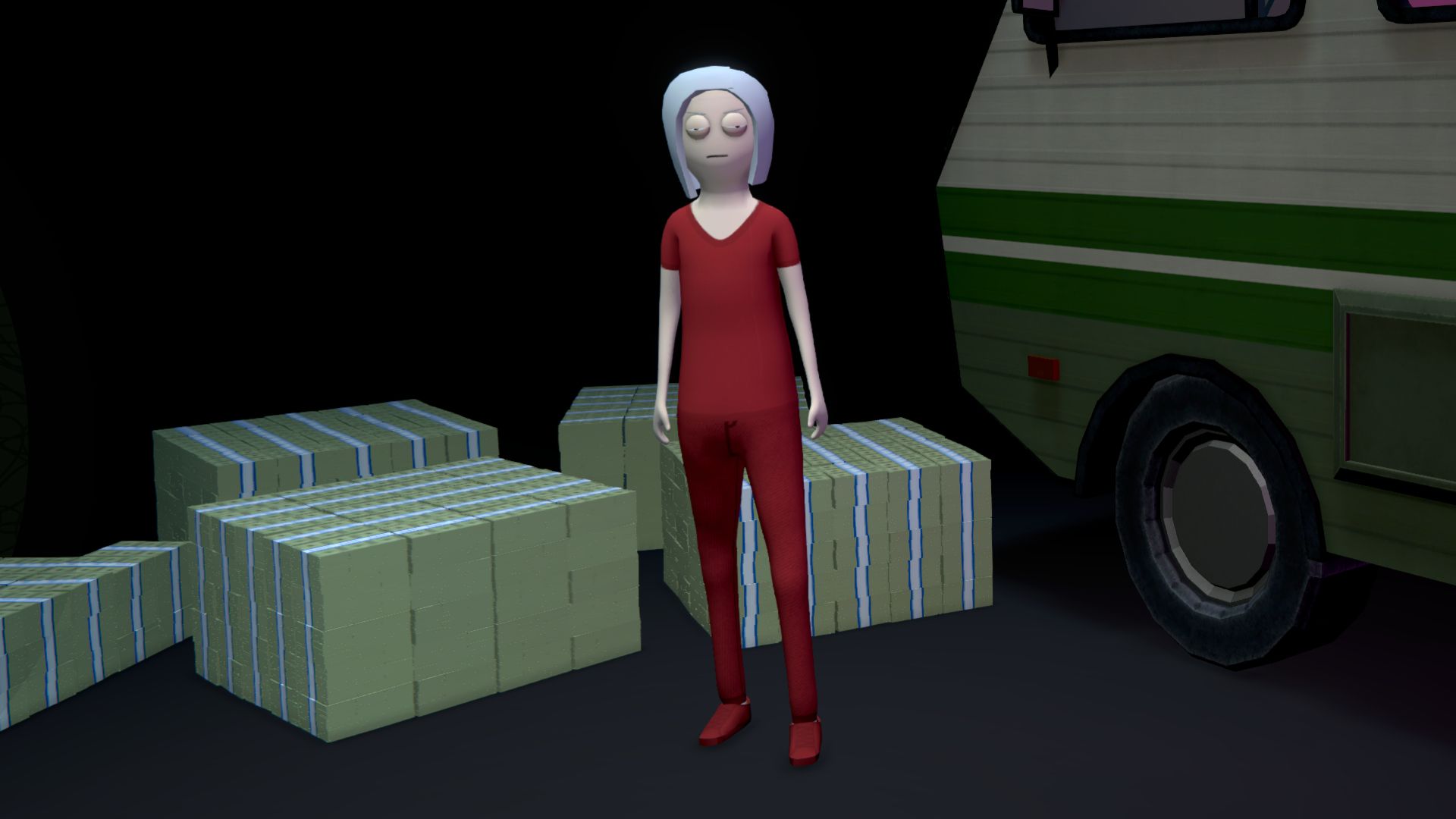 A player character in Schedule 1. He&#039;s got white, long hair and looks zoned out. He&#039;s also wearing all red. 