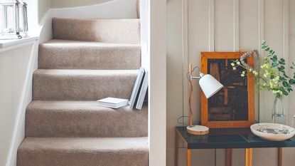 A hallway with a staircase covered in a beige carpet with wall wood panelling on a wall next to it