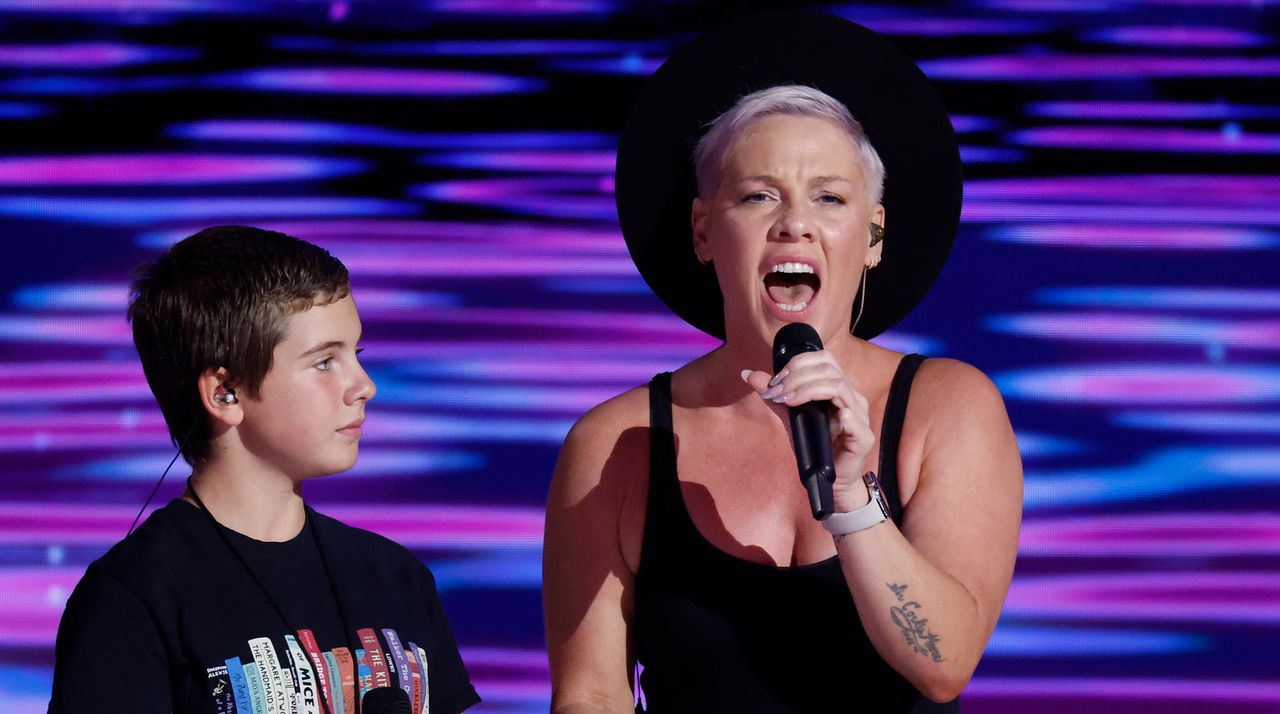 P!NK and her daughter Willow Sage Hart take part in stage testing ahead of the start of the final day of the Democratic National Convention (DNC) at the United Center on August 22, 2024 in Chicago, Illinois.