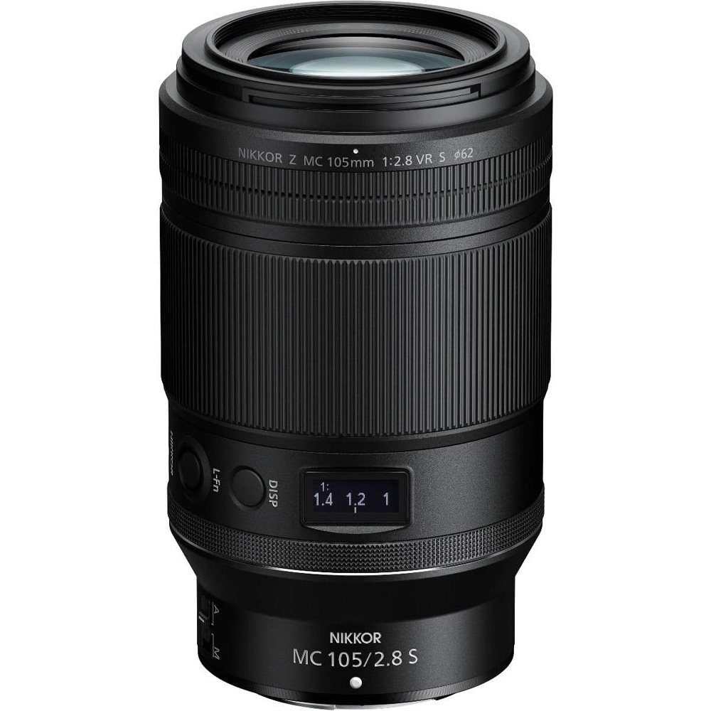 Nikon NIKKOR Z MC 105mm f/2.8 VR S lens on a white background