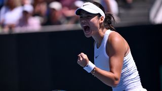 Emma Raducanu celebrates winning a point during an Australian Open 2025 tennis match