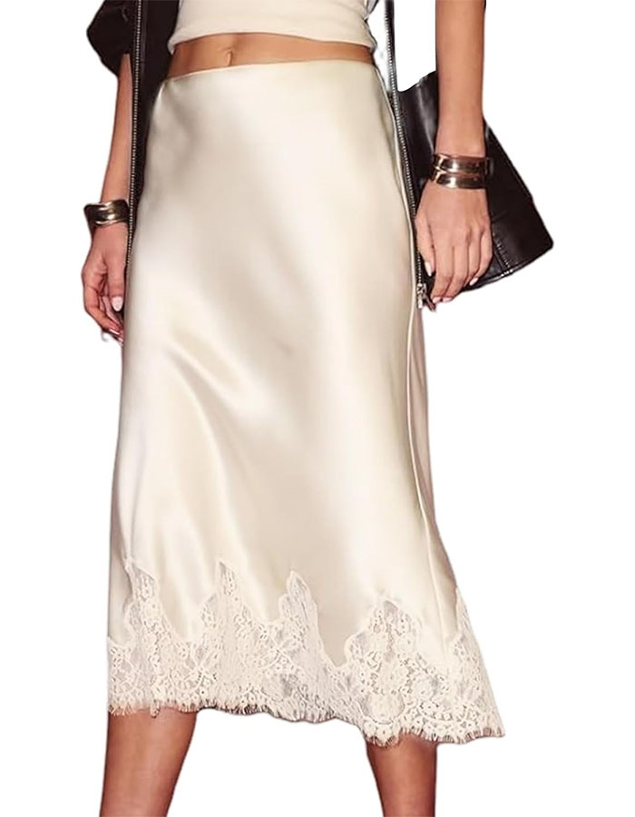 Yimoon Lace Trim Satin Midi Skirt for Women Elegant Elastic Waistband Cocktail Party Flowy a Line Silk Skirt (beige-S)