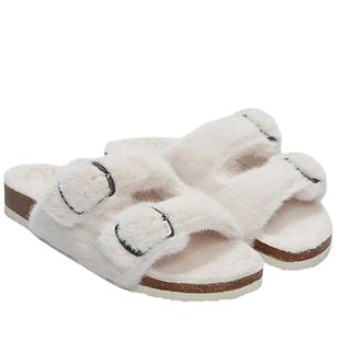 Best slippers for women: The White Company Faux Fur Buckle Cork Slider Slippers