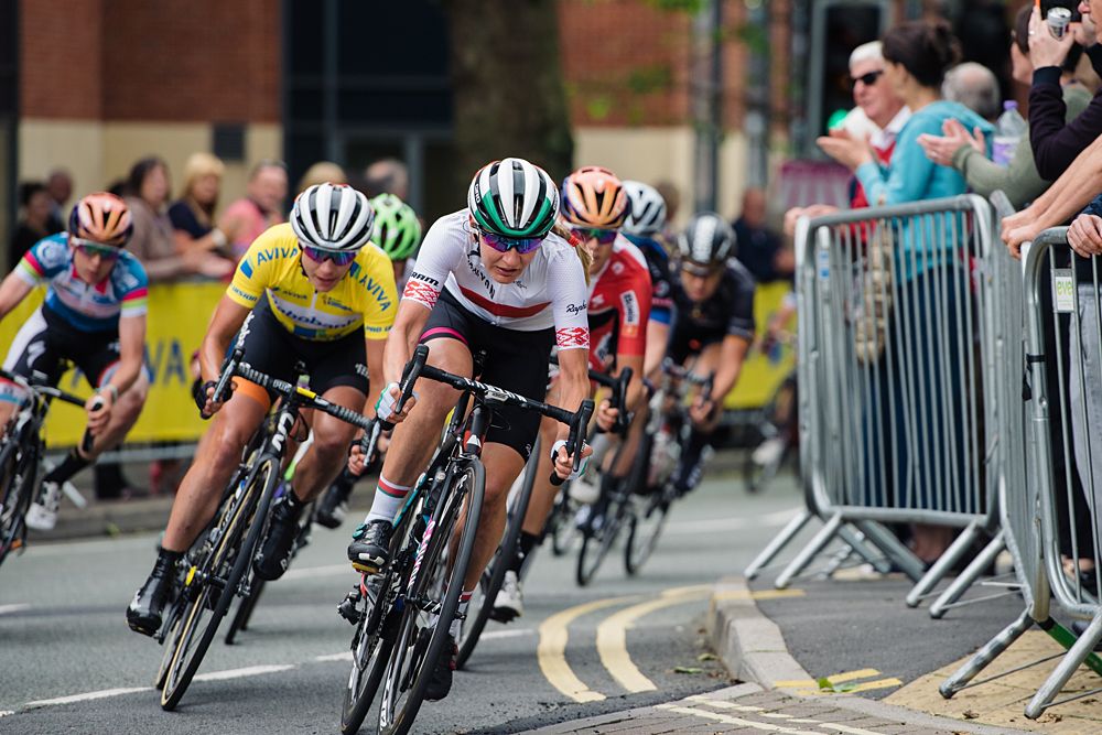 Alena Amialusik (CANYON//SRAM Racing) leads the chasing peloton through the final corner at Aviva Women's Tour 2016 - Stage 3
