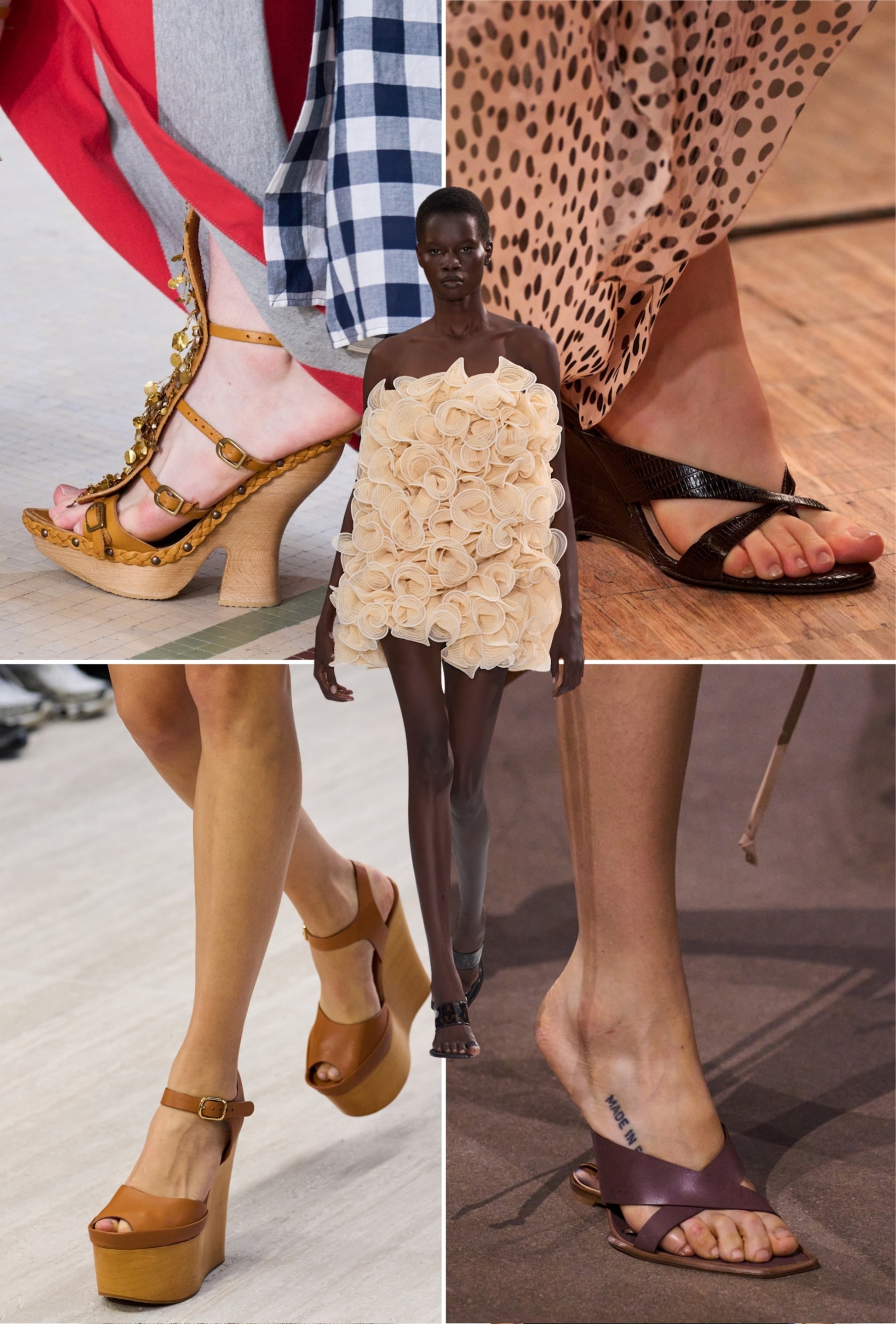 Collage of runway models wearing the wedge shoe trend during paris fashion week spring summer 2027