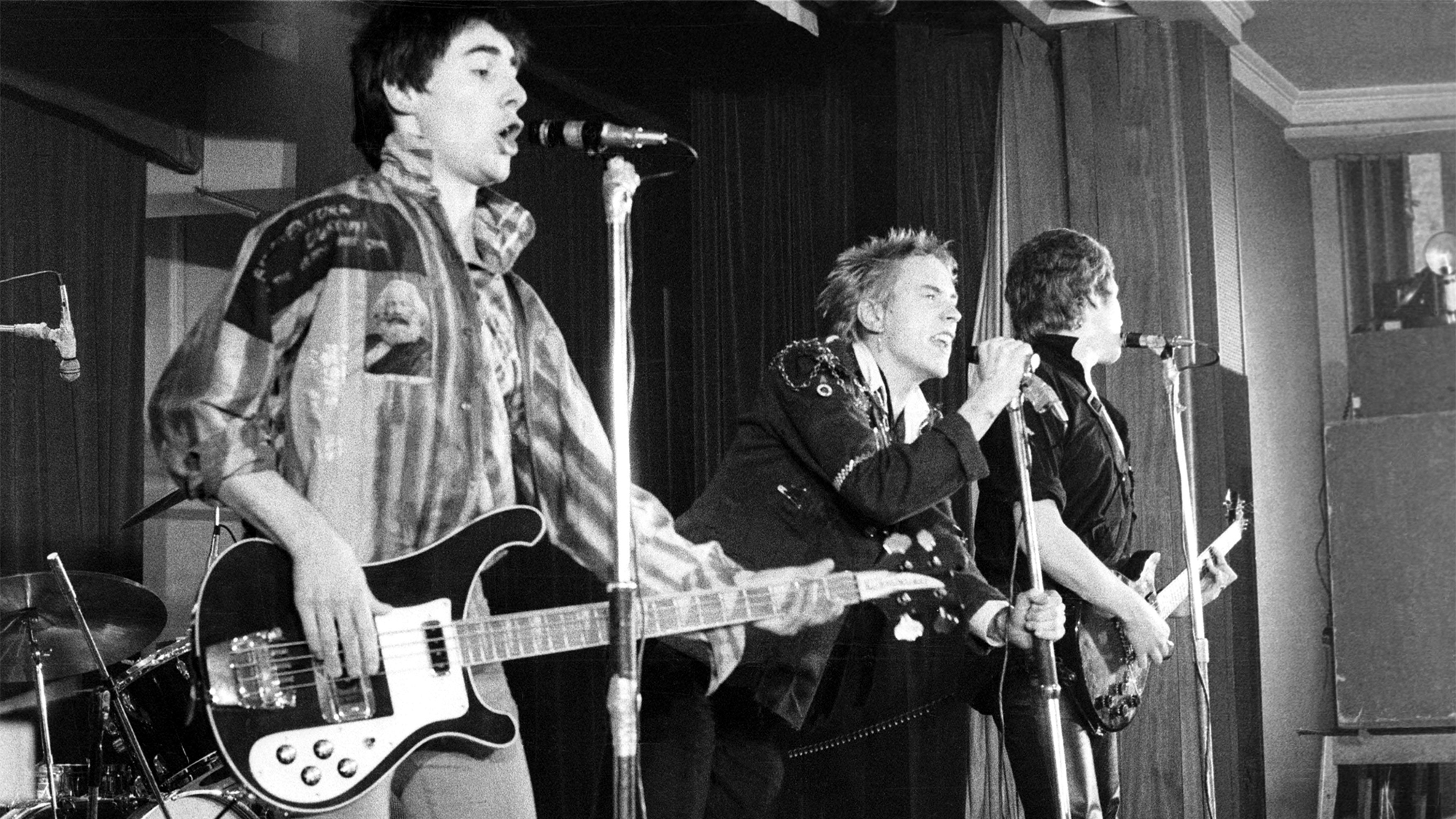 The Sex Pistols play Notre Dame Hall in the UK, November 15, 1976. (from left) Glen Matlock, John (Johnny Rotten) Lydon and Steve Jones.