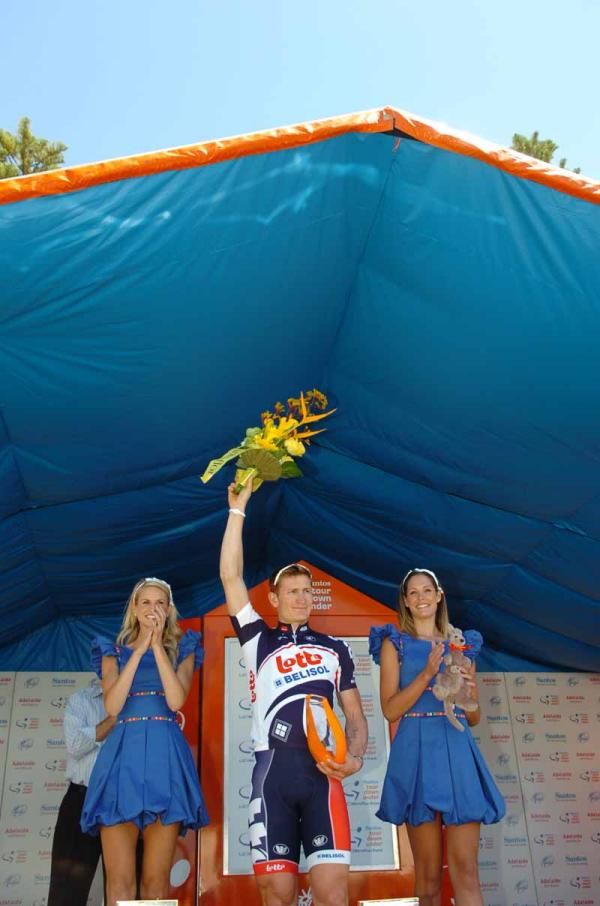 Andre Greipel (Lotto Belisol) on the podium with his second stage win in two days