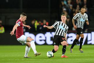 Sean Longstaff of Newcastle United (36) passes the ball during the Premier League match between West Ham United and Newcastle United at London Stadium on March 02, 2019 in London, United Kingdom