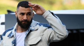 Karim Benzema arrives at a France get-together ahead of the World Cup in Qatar.