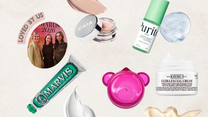 A collage featuring a picture of woman&home's beauty team alongside their morning beauty favourites from Marvis, Dr Jart+, CAIA, Purito and Kieh'ls, on a cream template with stock images of skincare swatches.